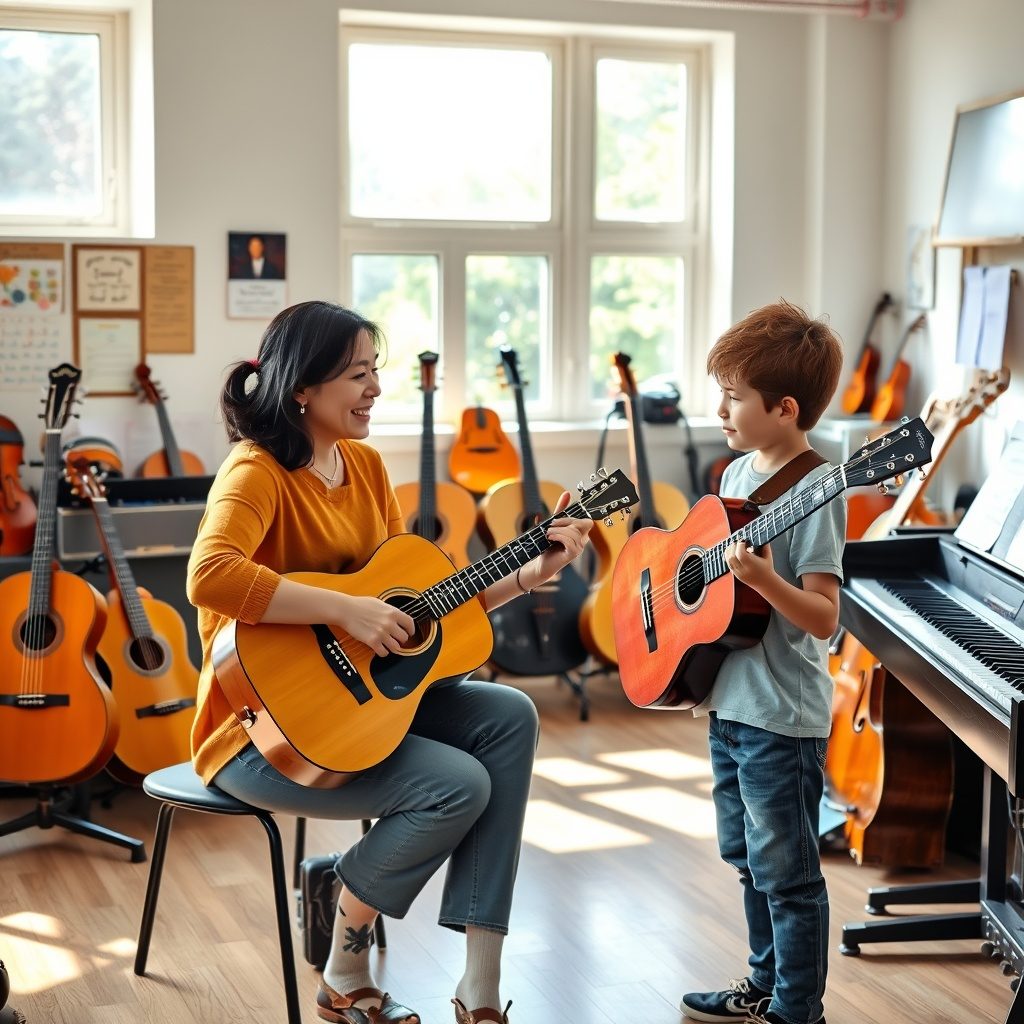 Happy music tutors engaging with students